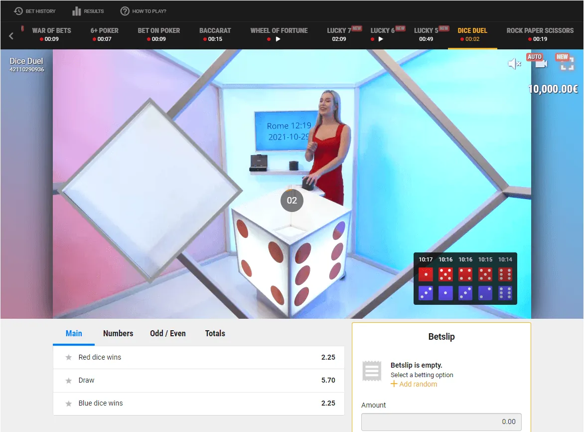 Dice Duel: BetGames' own screenshot of the Dice Duel betting screen: draw 42110290936...