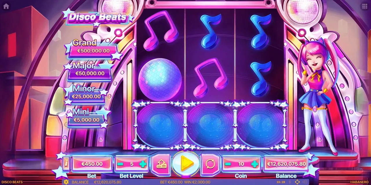 Disco Beats: The base game at a bet of €450.00, bet level 5 and coin 10: three vinyl...