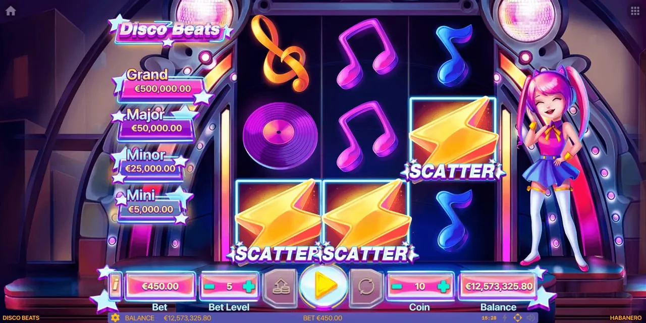Disco Beats: Three gold lightning-bolt SCATTER symbols framed on the reels, at the foot...