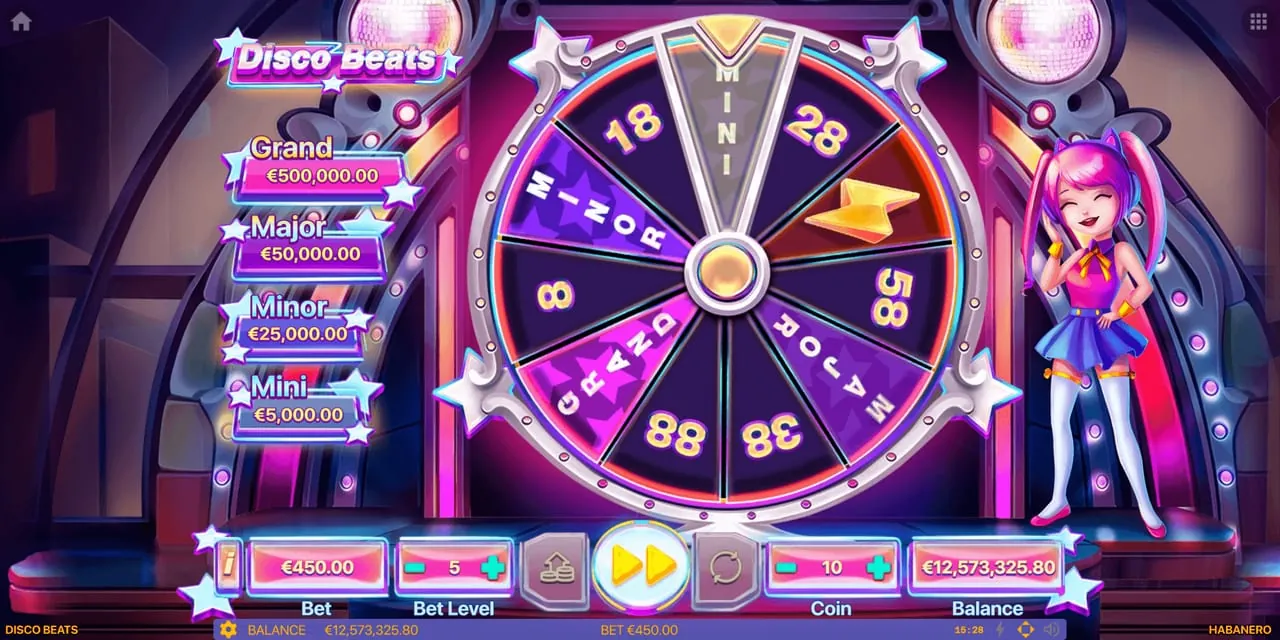 Disco Beats: The Bonus Wheel with its pointer on MINI; clockwise from it run 28, a...