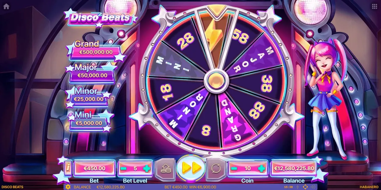 Disco Beats: The wheel's pointer on the lightning bolt, with 58, MAJOR and 38 to its...