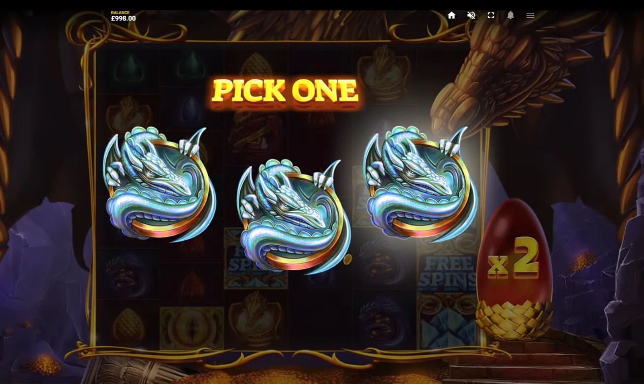 Dragon's Fire Megaways: Red Tiger's own screenshot of the free spins pick: PICK ONE above three...