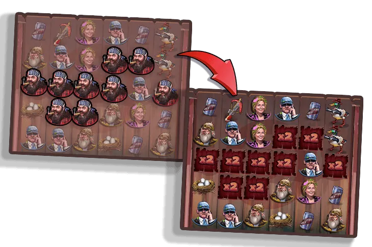 Duck Hunters: Nolimit City's illustration of a scatter win: nine matching symbols anywhere...
