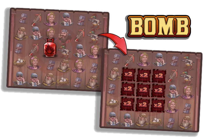 Duck Hunters: Nolimit City's Bomb illustration: a red gas canister on the grid (left)...
