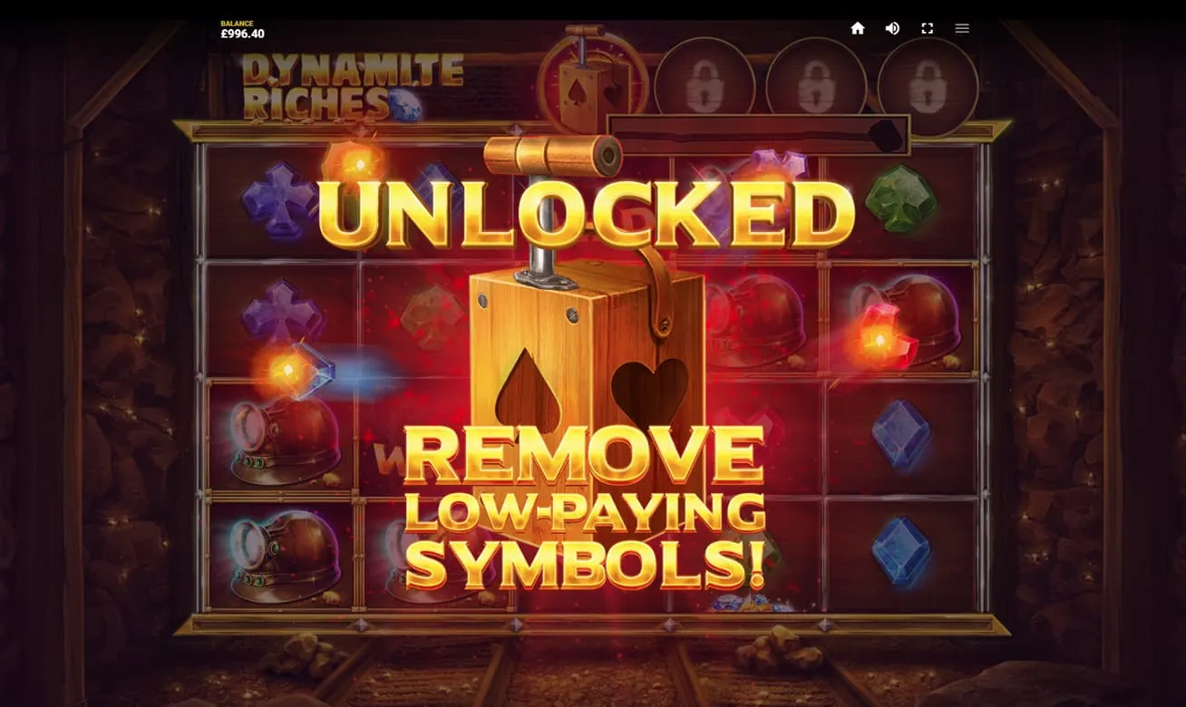 Dynamite Riches: Red Tiger's own screenshot at a £996.40 balance: the word UNLOCKED and...