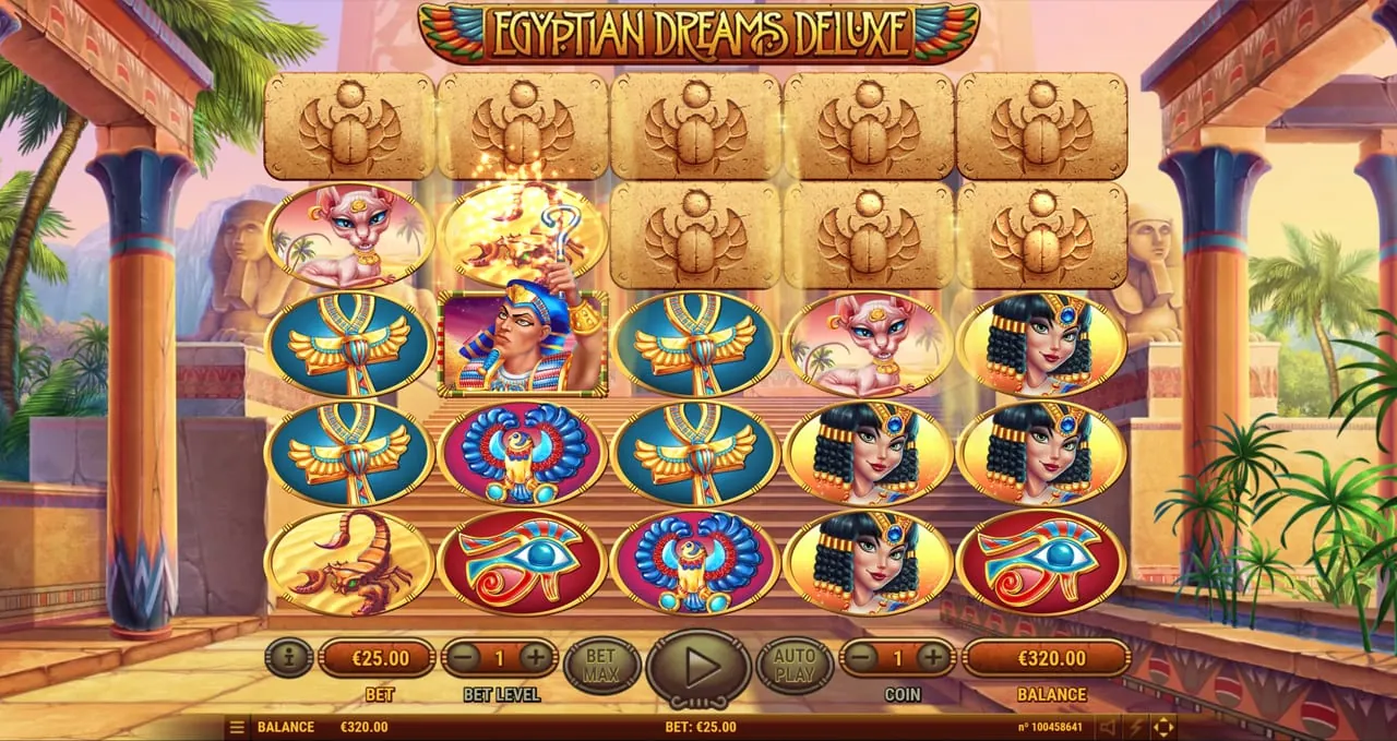 Egyptian Dreams Deluxe: A framed pharaoh on the second reel raises his crook, and the stone tile...
