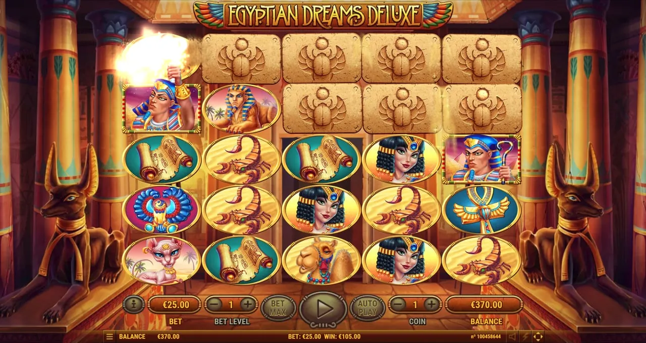 Egyptian Dreams Deluxe: In the temple hall, a pharaoh on the first reel raises his arm as the tile...