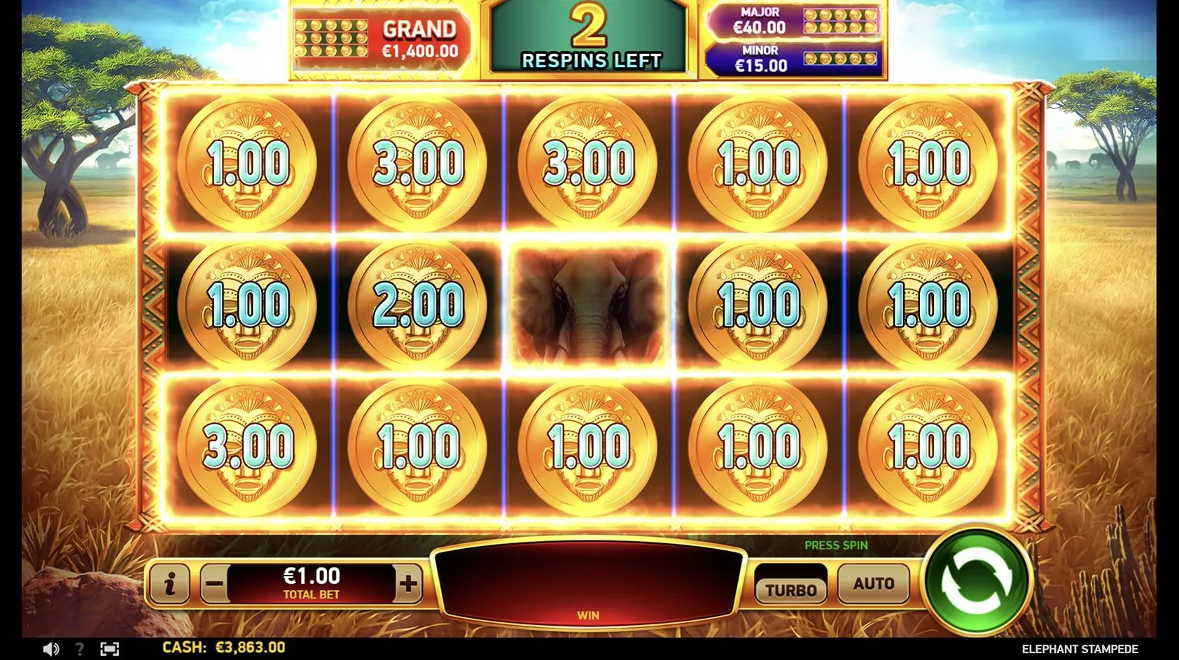 Elephant Stampede: Stampede Rush in RubyPlay's shot: 14 gold coins valued 1.00 to 3.00 cover...
