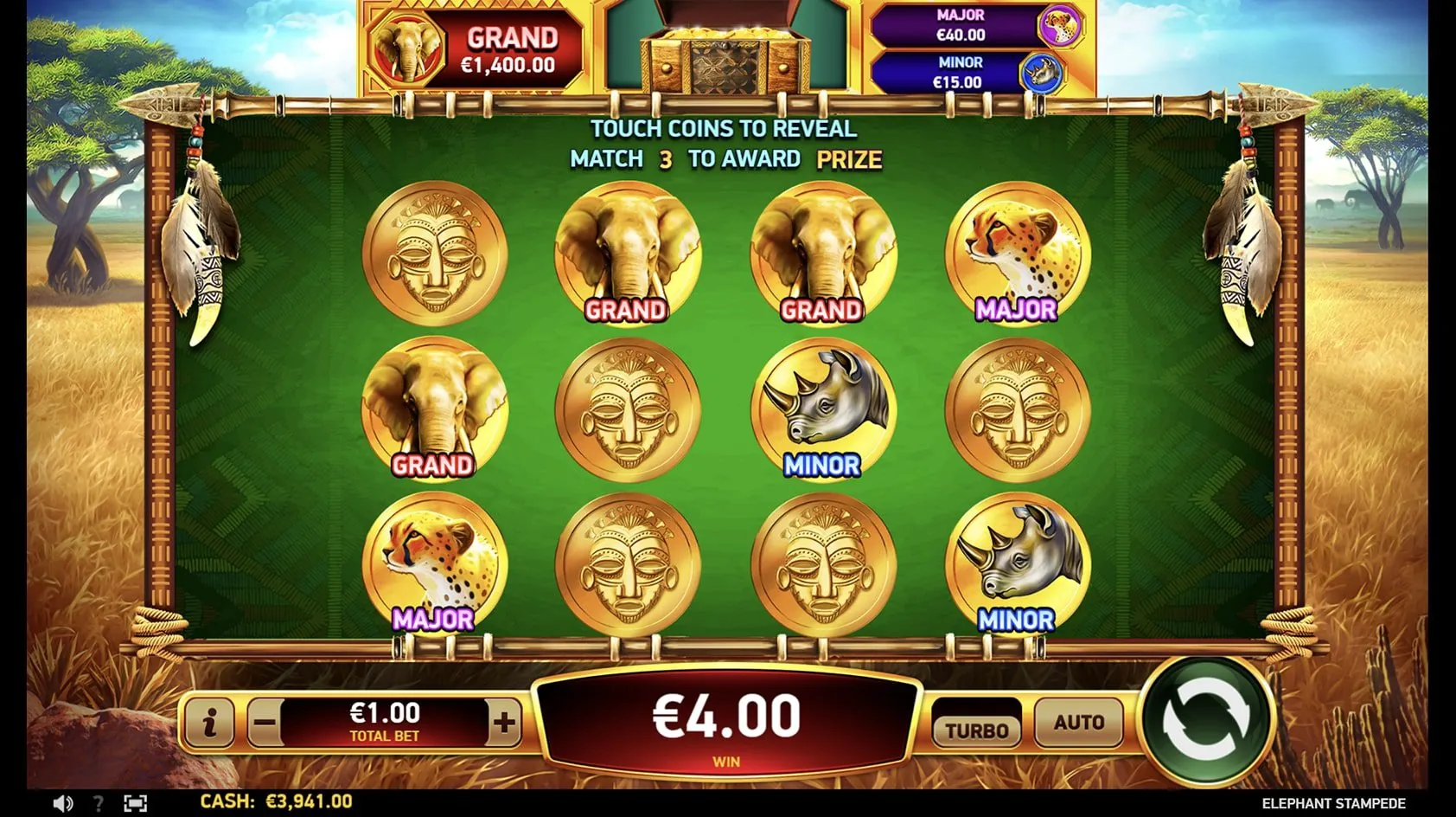 Elephant Stampede: The Jackpot Pick in RubyPlay's shot: twelve coins under TOUCH COINS TO...