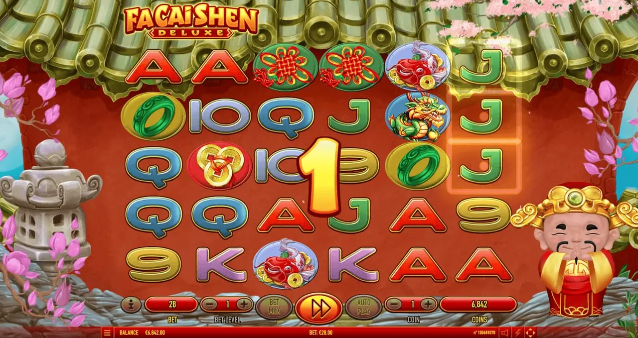 Fa Cai Shen Deluxe: A base-game spin in Habanero's shot: three green J symbols stand one above...