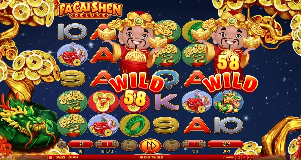 Fa Cai Shen Deluxe: A free game in Habanero's shot: two tall Fa Cai Shen figures holding gold...