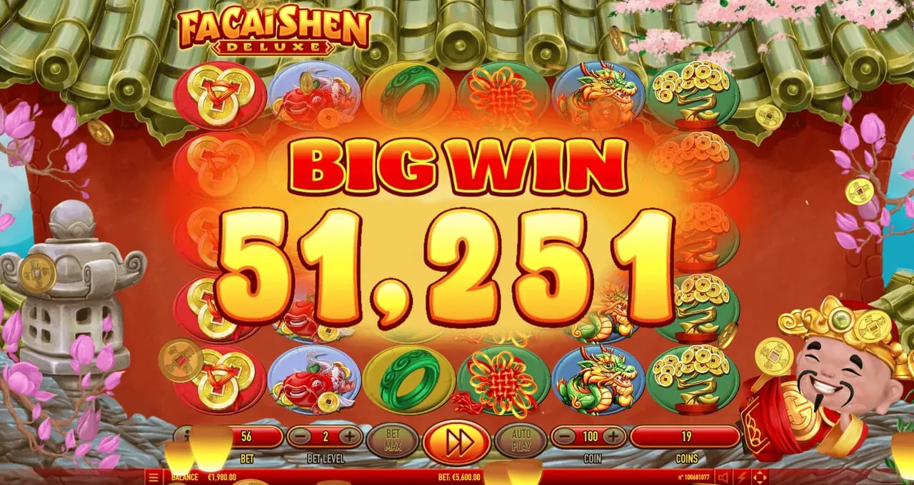 Fa Cai Shen Deluxe: BIG WIN 51,251 over the reels in Habanero's shot, with the three-coins...
