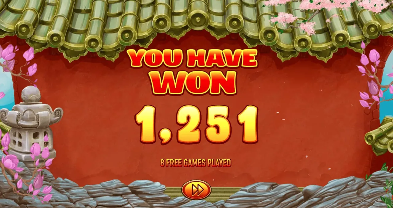 Fa Cai Shen Deluxe: The end of a free-games round in Habanero's shot: YOU HAVE WON 1,251 and 8...