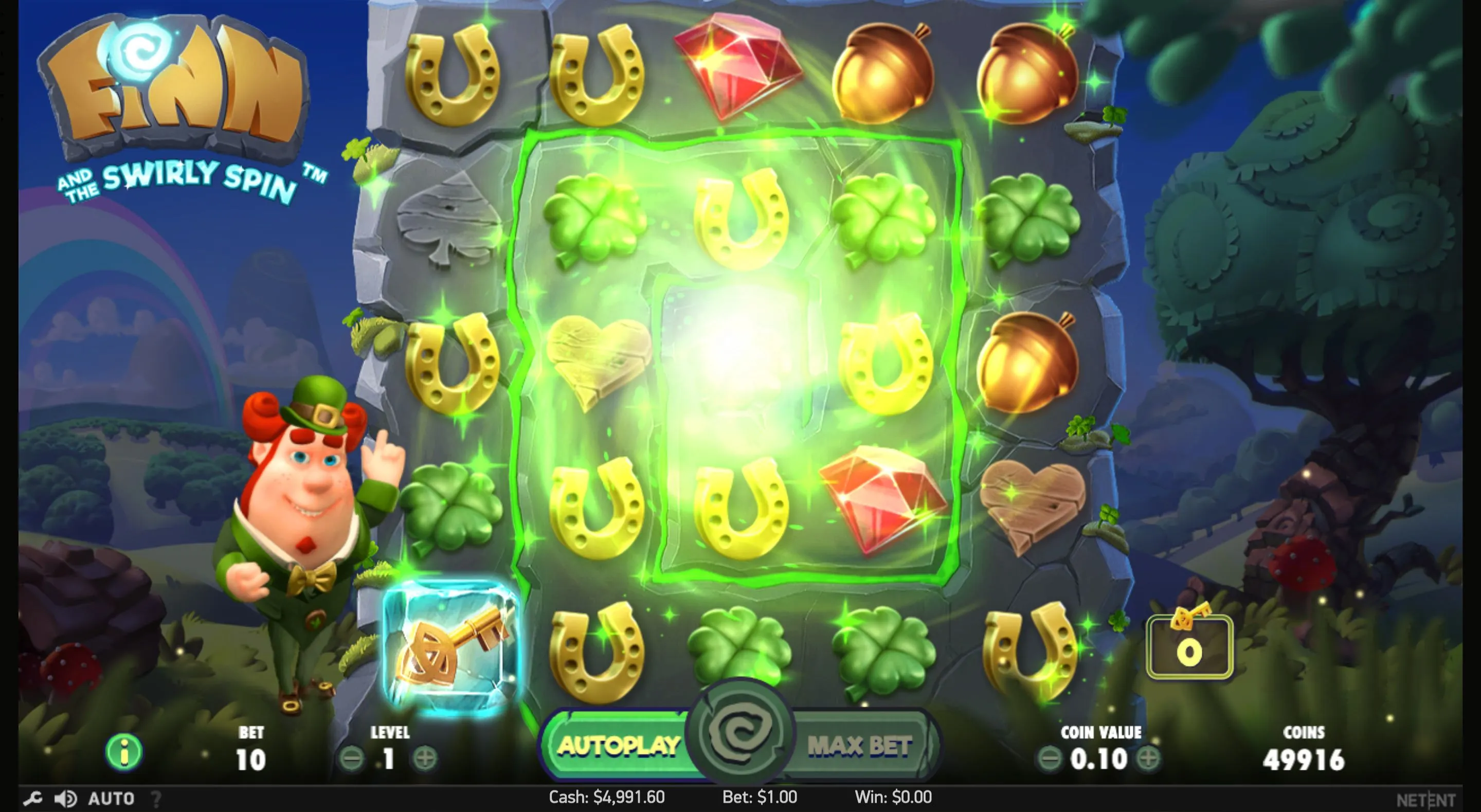 Finn and the Swirly Spin: NetEnt's own screenshot of Finn and the Swirly Spin: a 5x5 stone grid of...