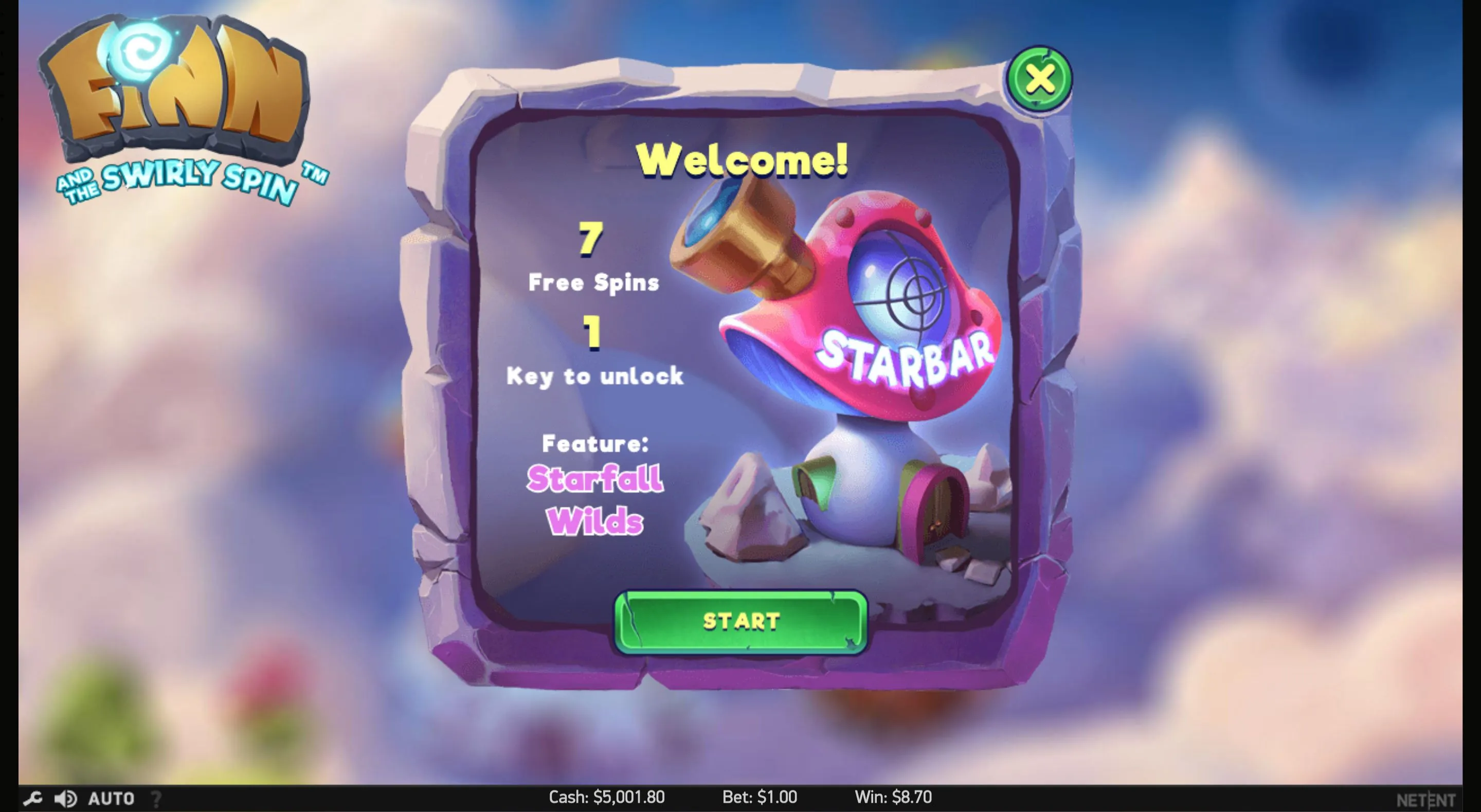 Finn and the Swirly Spin: NetEnt's own screenshot of the Star Bar free spins screen: a Welcome! panel...