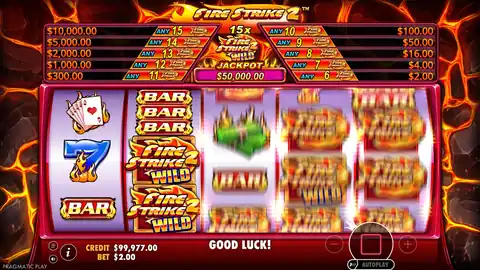 Fire Strike 2: The same spin in motion: the reels stop, line 9 is drawn across them and the...