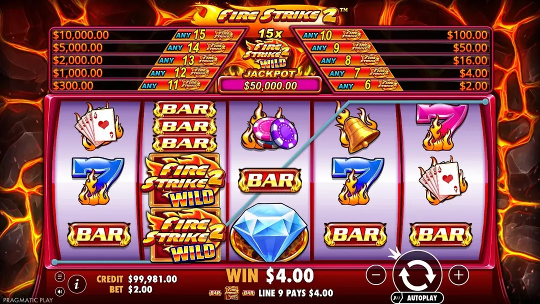 Fire Strike 2: The end of a spin in Pragmatic Play's free demo at a $2.00 bet: two Fire...