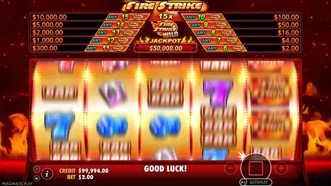 Fire Strike: One spin from the official demo, about six seconds of it. The reels stop,...