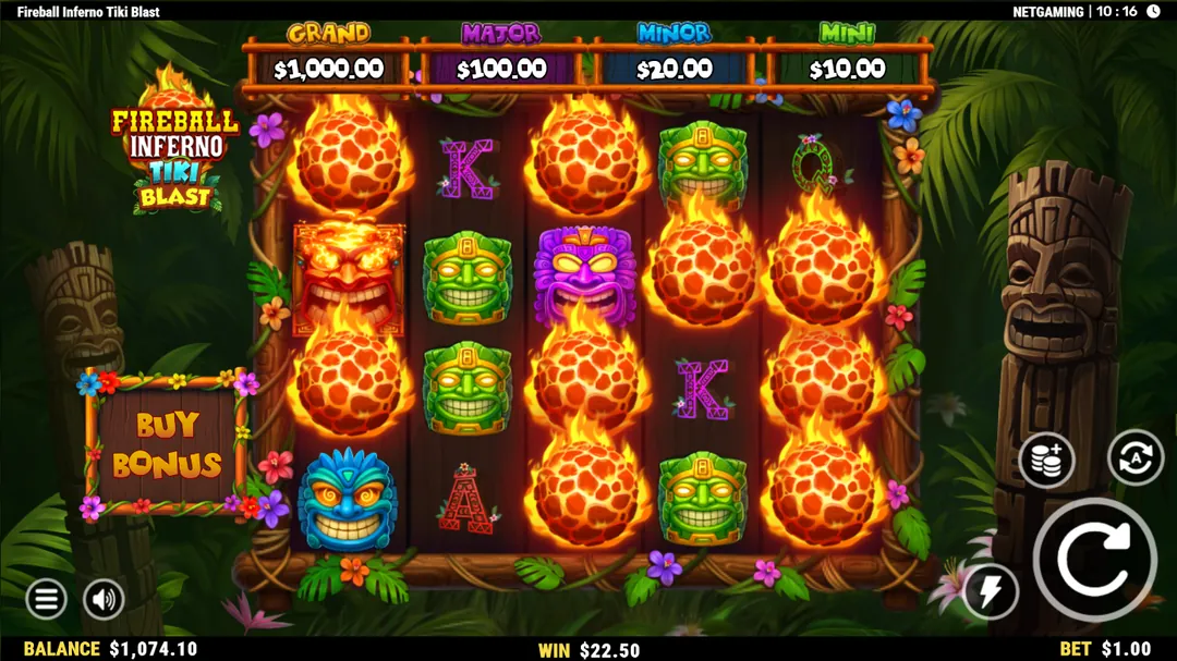 Fireball Inferno Tiki Blast: NetGaming's shot of the base game: five reels of four rows with nine...