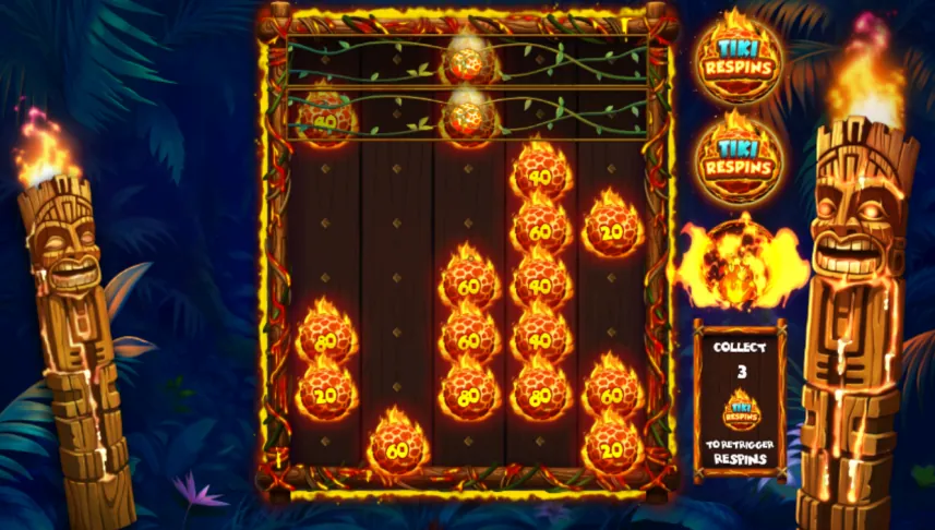 Fireball Inferno Tiki Blast: Tiki Re-spins in NetGaming's shot: six open rows of the board with fireballs...