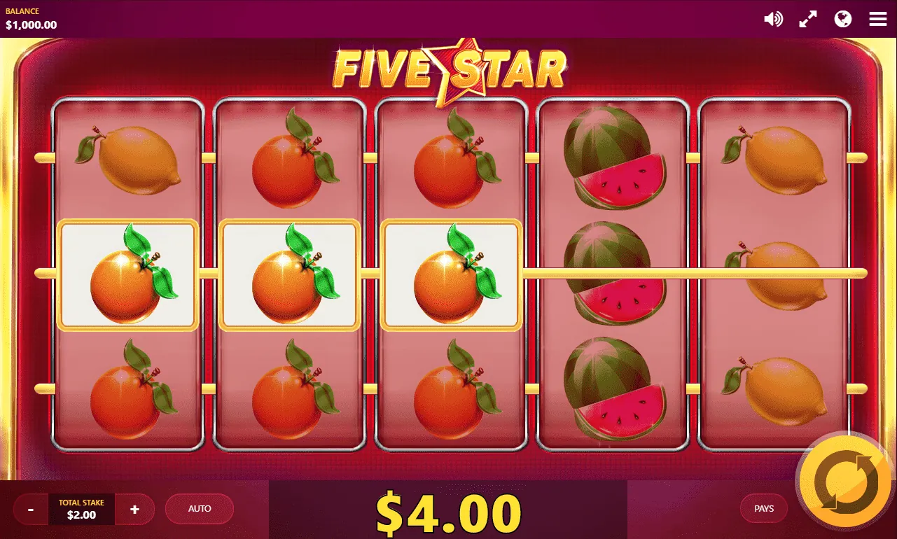 Five Star: Red Tiger's own screenshot at a $2.00 total stake: three oranges on the...