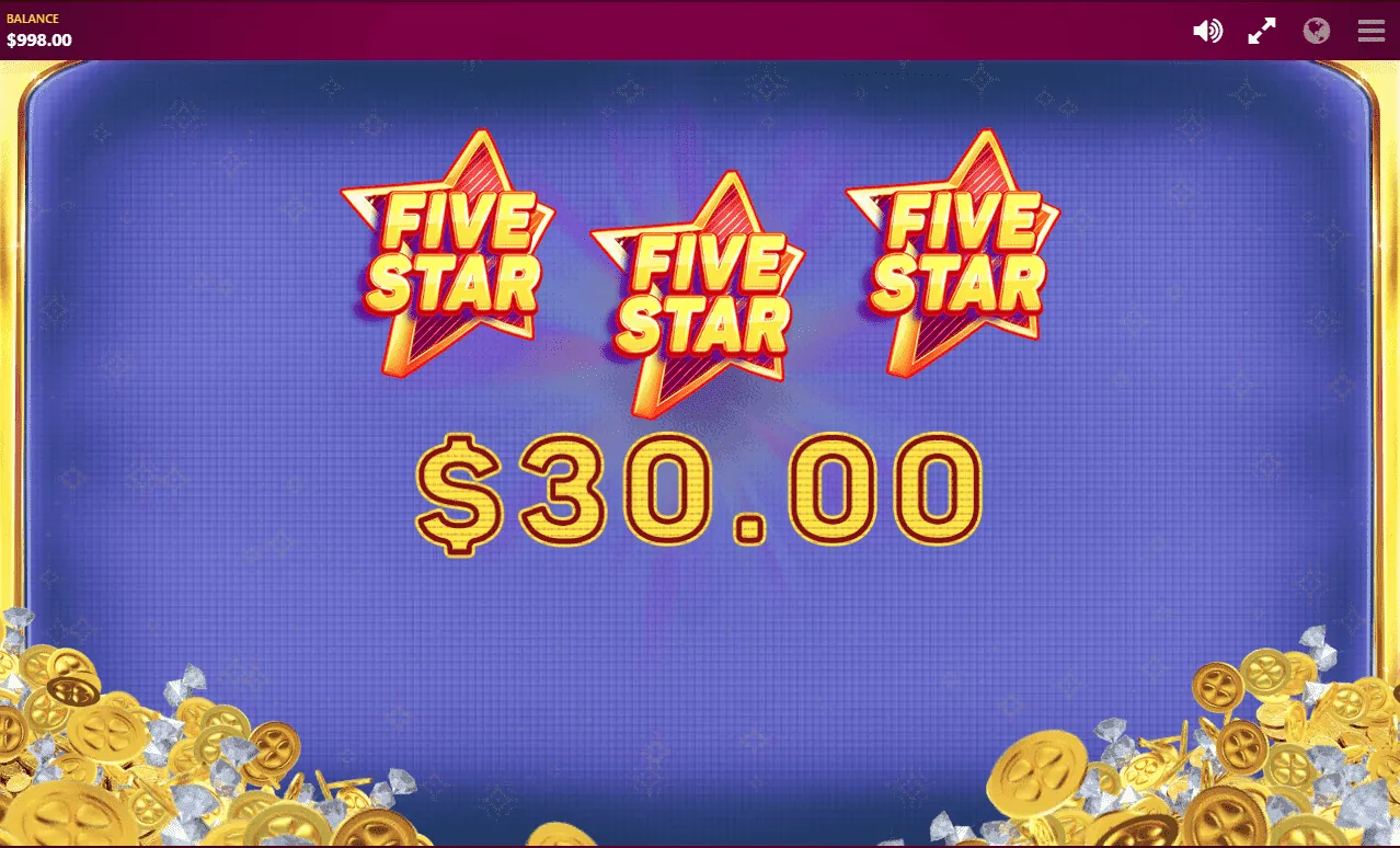 Five Star: Red Tiger's screenshot of the instant win screen: three FIVE STAR symbols...