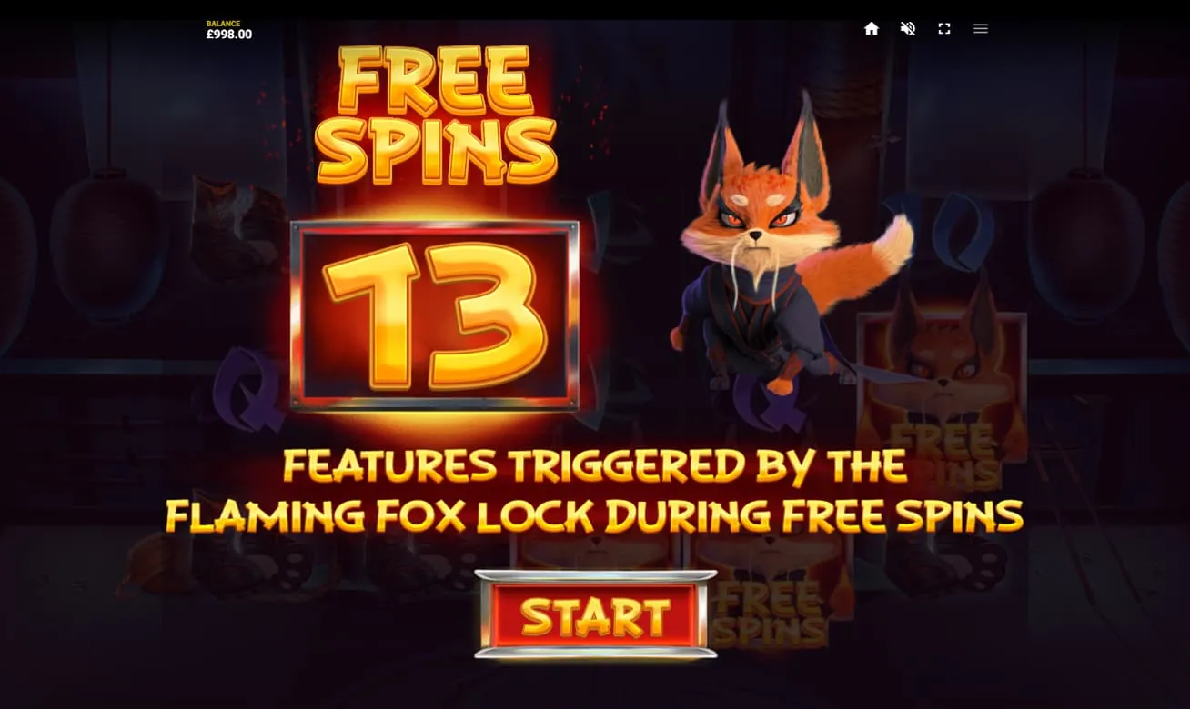 Flaming Fox: Red Tiger's own screenshot of a free spins award: FREE SPINS 13 in a frame,...
