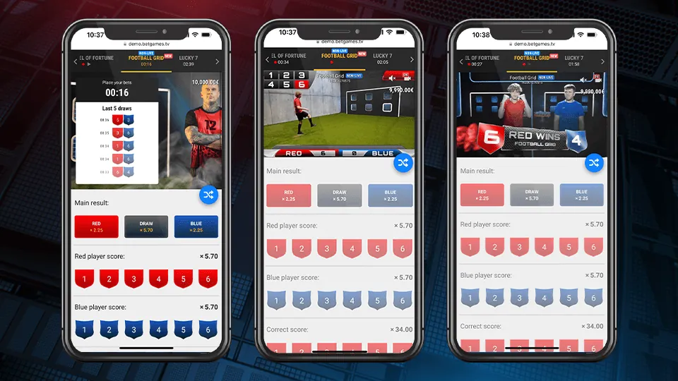 Football Grid: BetGames' picture of three phones on demo.betgames.tv: a countdown at 00:16...