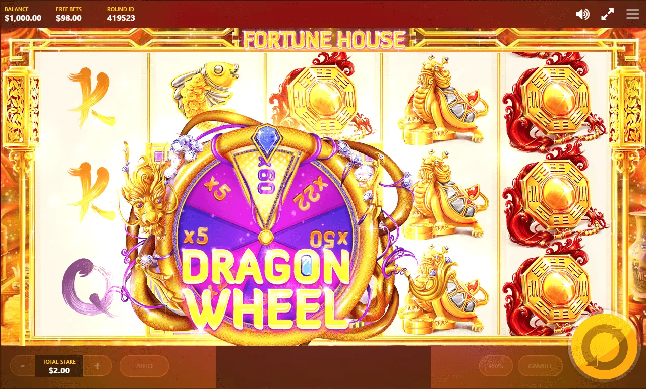 Fortune House: Red Tiger's own screenshot at a $2.00 stake: the Dragon Wheel over reels two...