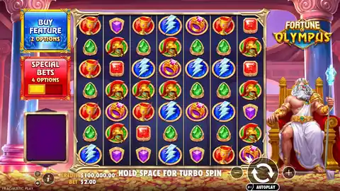 Fortune of Olympus: One spin in Pragmatic Play's free demo at a bet of $2.00; the demo plays for...
