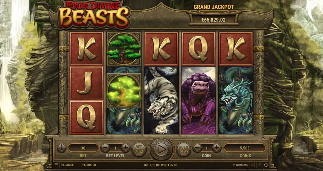 Four Divine Beasts: Habanero's shot of the base game: a dragon on reel five and part of one on...