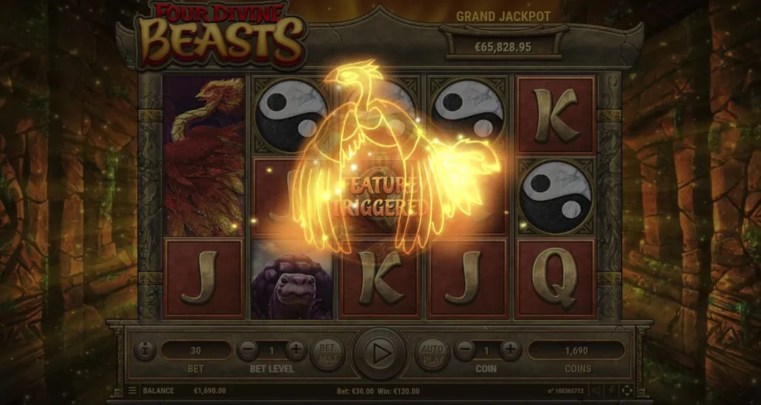 Four Divine Beasts: A glowing outline of a bird with the words FEATURE TRIGGERED over the reels:...