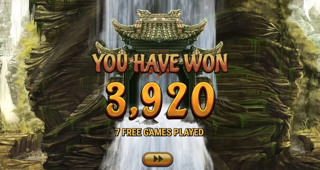 Four Divine Beasts: A YOU HAVE WON banner with the number 3,920 and the line 7 FREE GAMES...