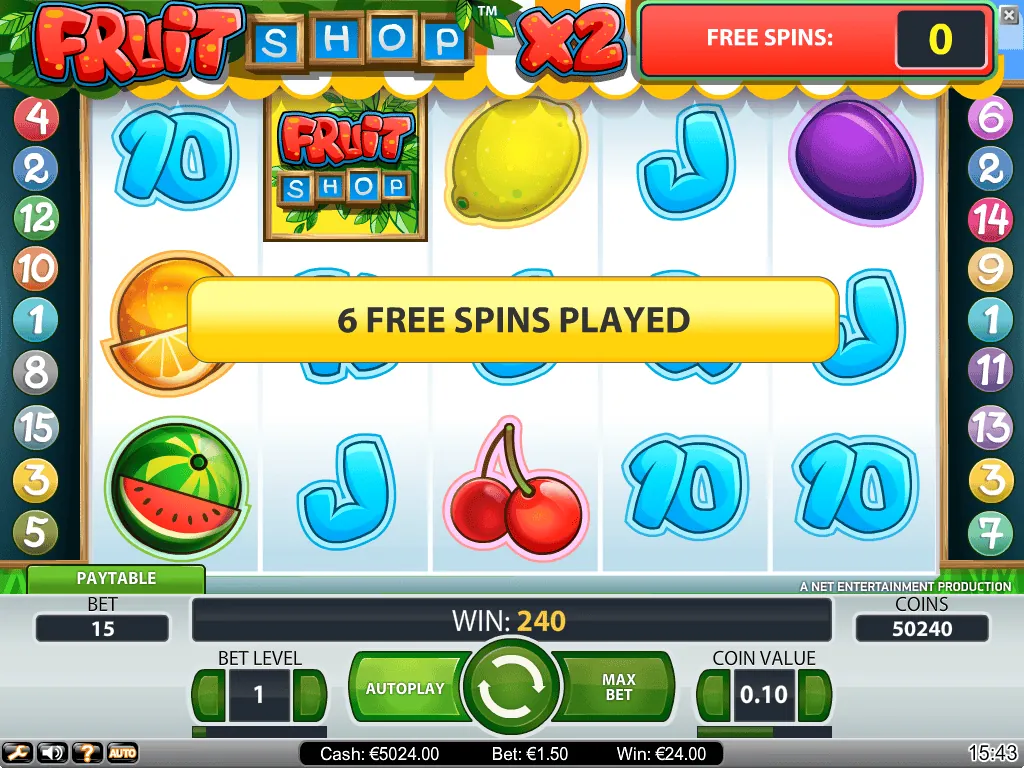 Fruit Shop: NetEnt's screenshot of a finished free spins round: a banner reads 6 FREE...
