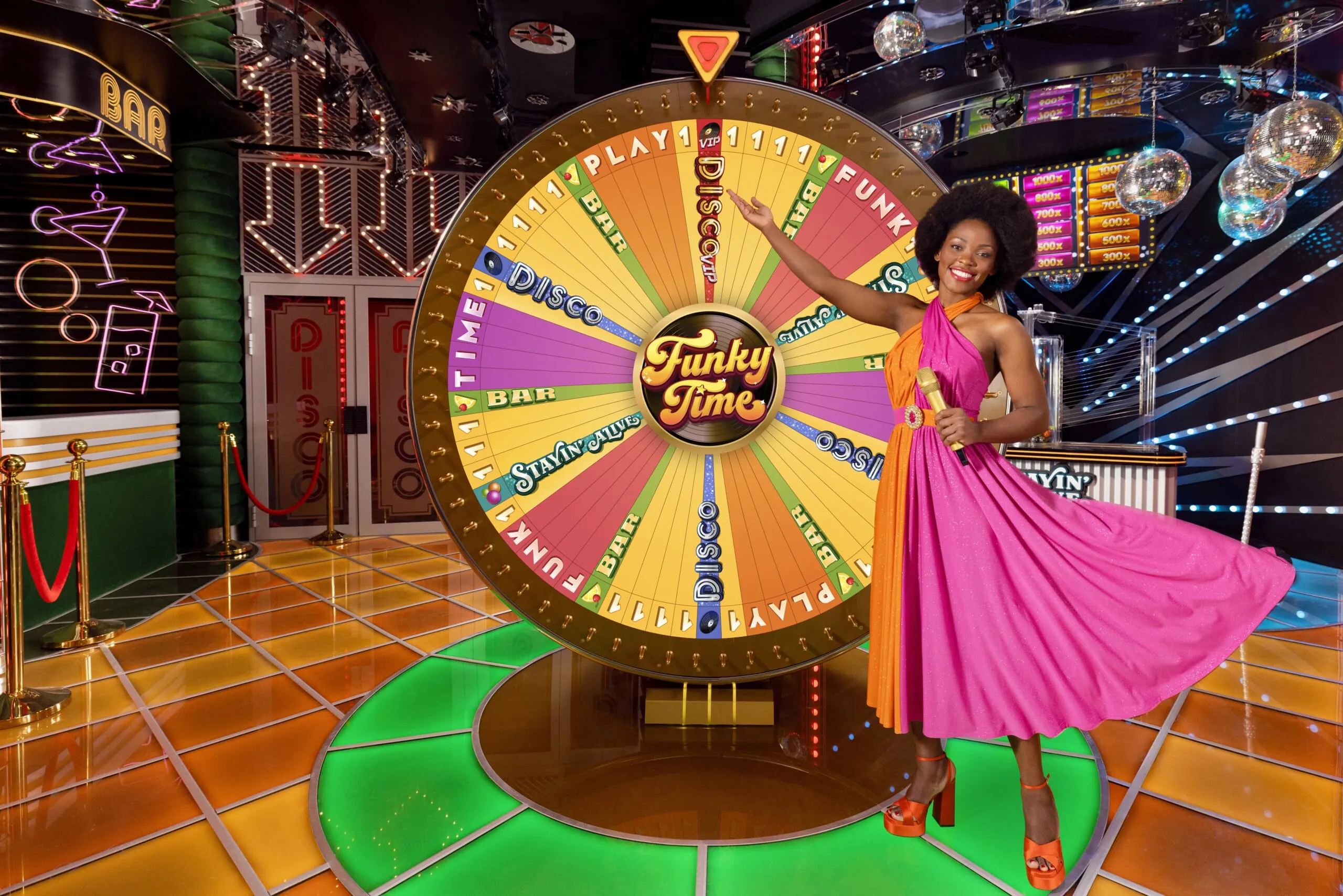 Funky Time: Evolution's image of the studio: a presenter in a pink and orange dress...
