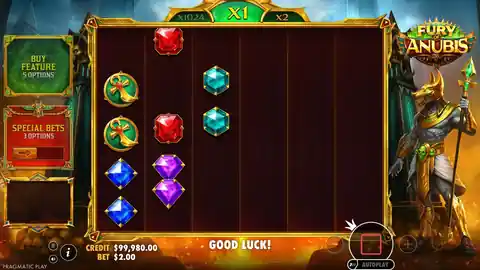 Fury of Anubis: One spin in Pragmatic Play's free demo at a $2.00 bet, about seven seconds....