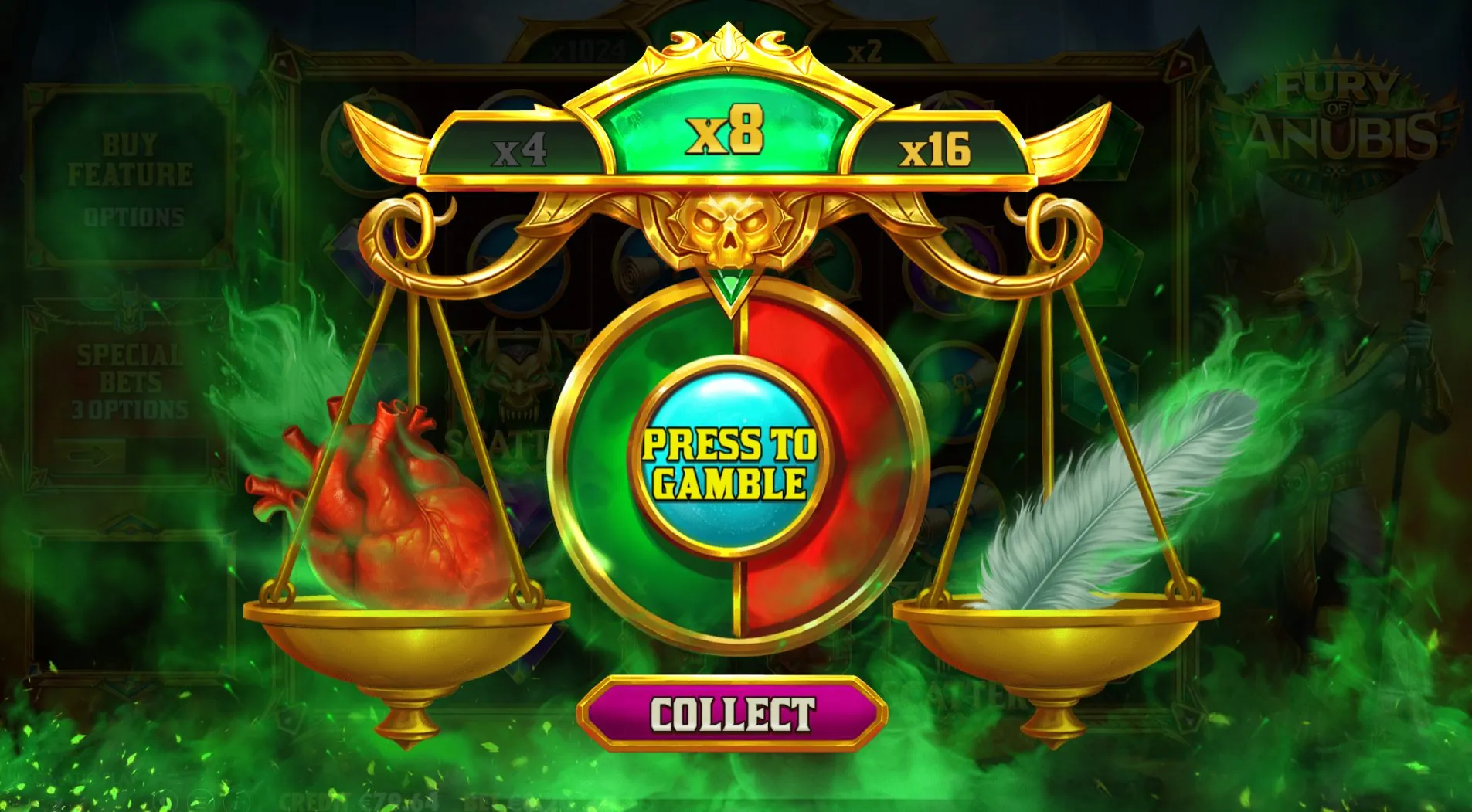Fury of Anubis: The gamble screen in a screenshot Pragmatic Play published: a wheel of green...