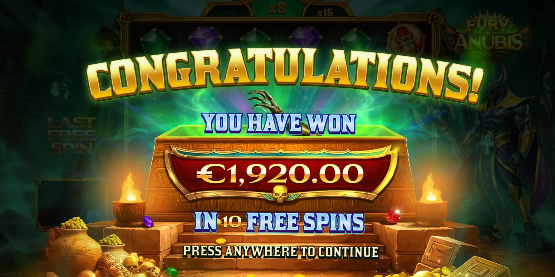 Fury of Anubis: The end of a free spins round in a screenshot Pragmatic Play published:...