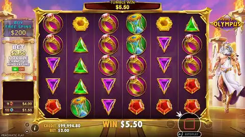 Gates of Olympus: About five seconds of one tumble sequence: the winning rings burst, Zeus...