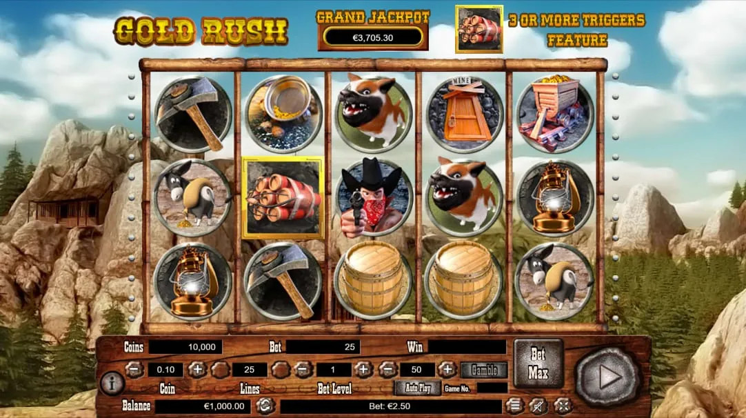 Gold Rush: Habanero's shot of the base game in a rocky canyon under a blue sky: a pick,...