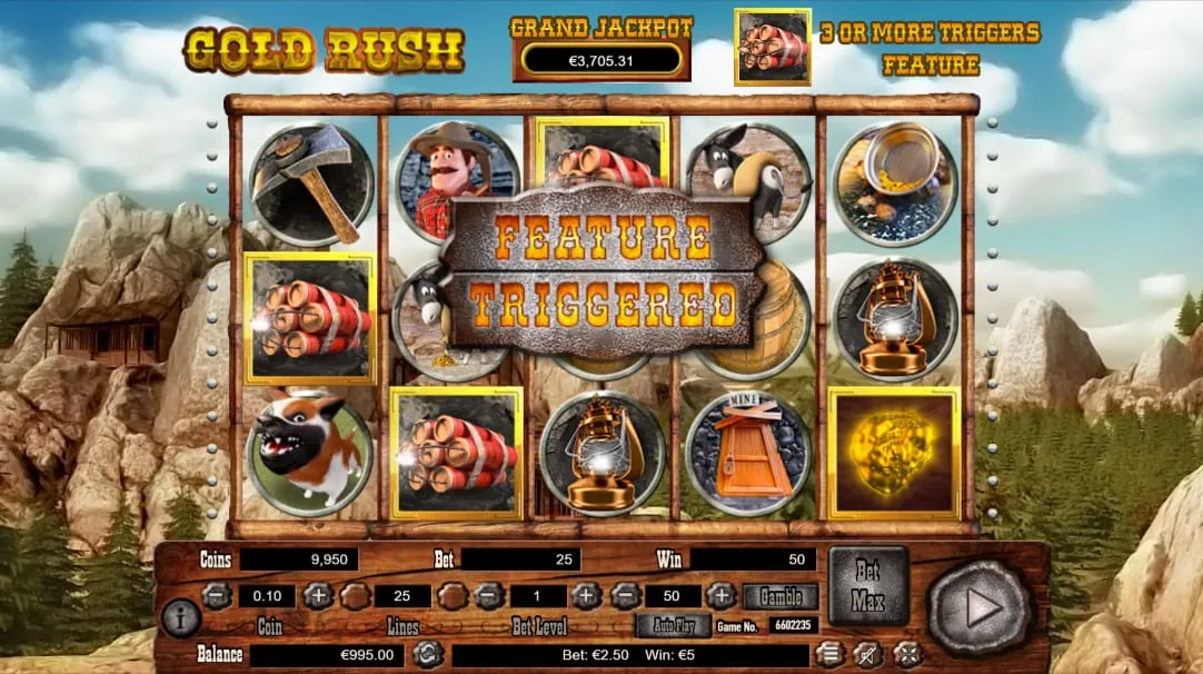 Gold Rush: Three bundles of dynamite in gold frames, on reels one, two and three, with...