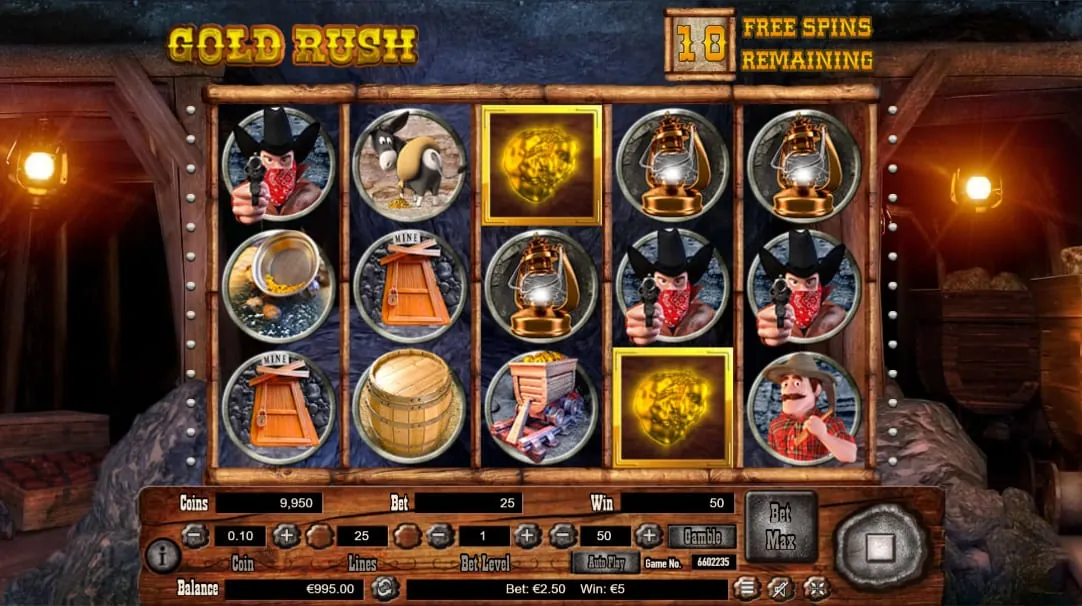 Gold Rush: The free games inside a timber-propped mine lit by lamps, with 10 FREE SPINS...