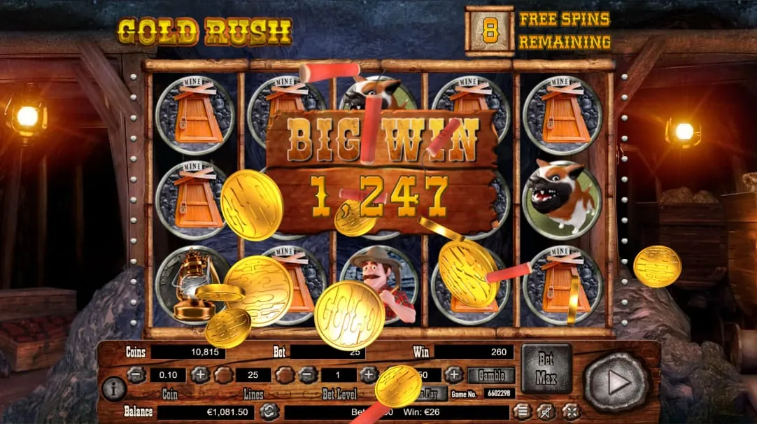 Gold Rush: Another free-games screen, with 8 FREE SPINS REMAINING: eight boarded mine...