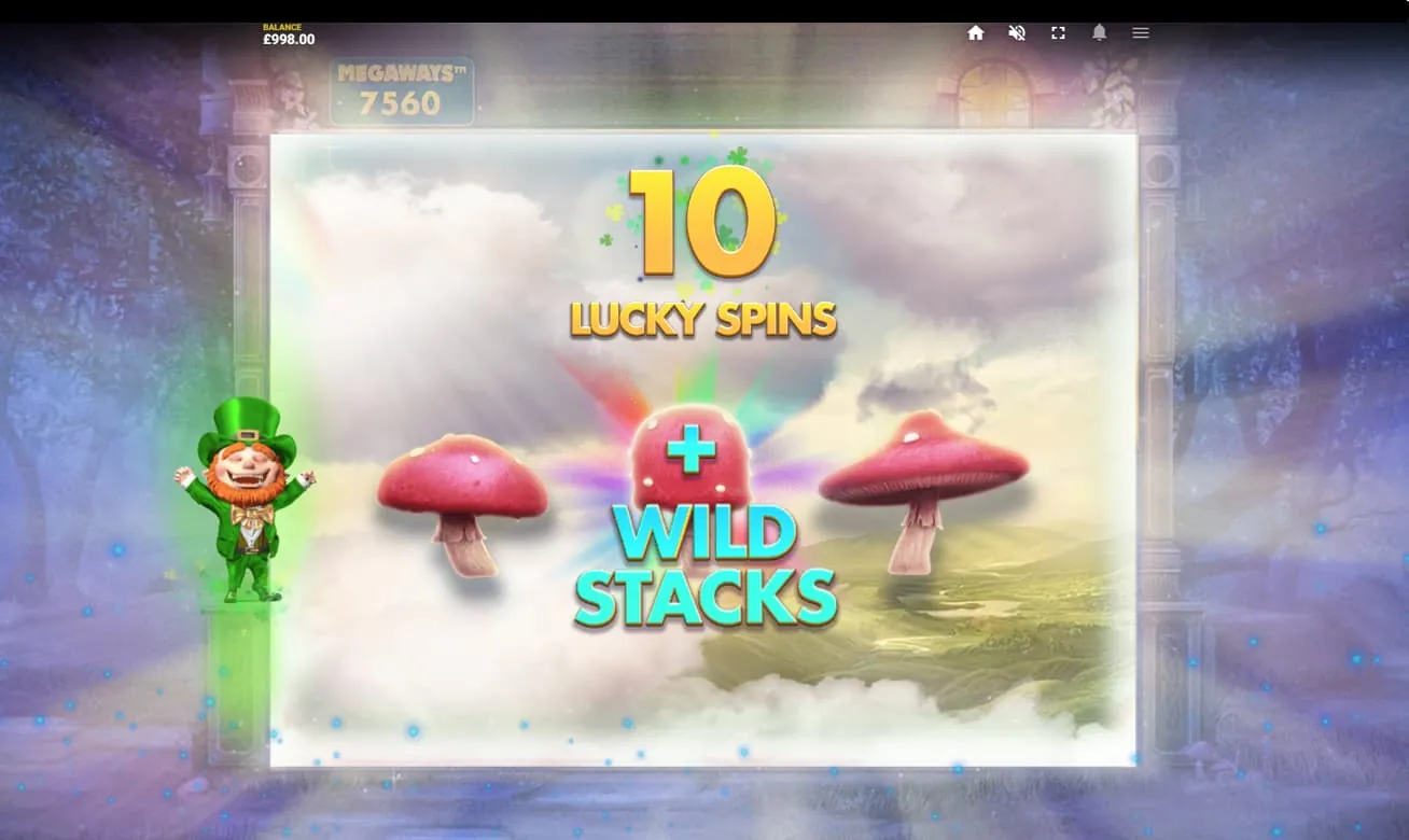 Golden Leprechaun Megaways: Red Tiger's own screenshot of a Lucky Spins start: the banner 10 LUCKY SPINS...