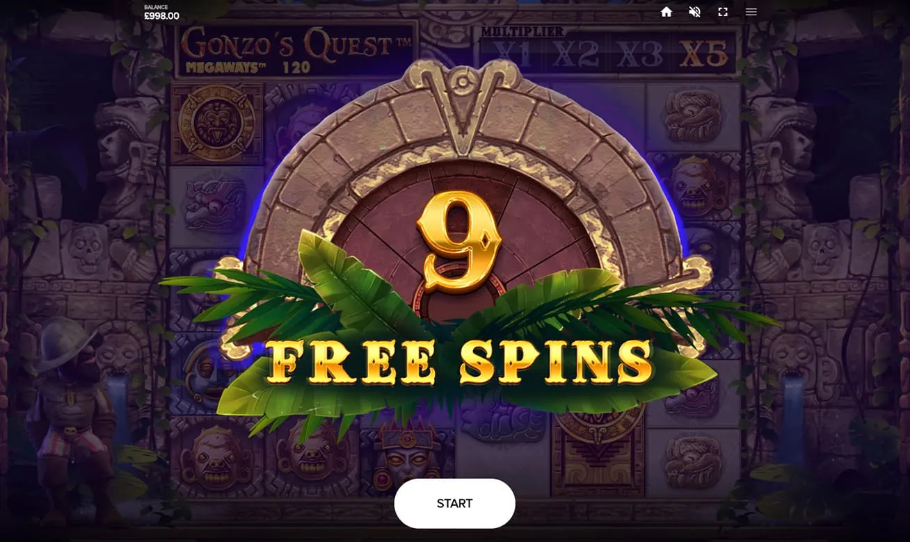 Gonzo's Quest Megaways: Red Tiger's own screenshot at a £998.00 balance: a '9 FREE SPINS' banner and...