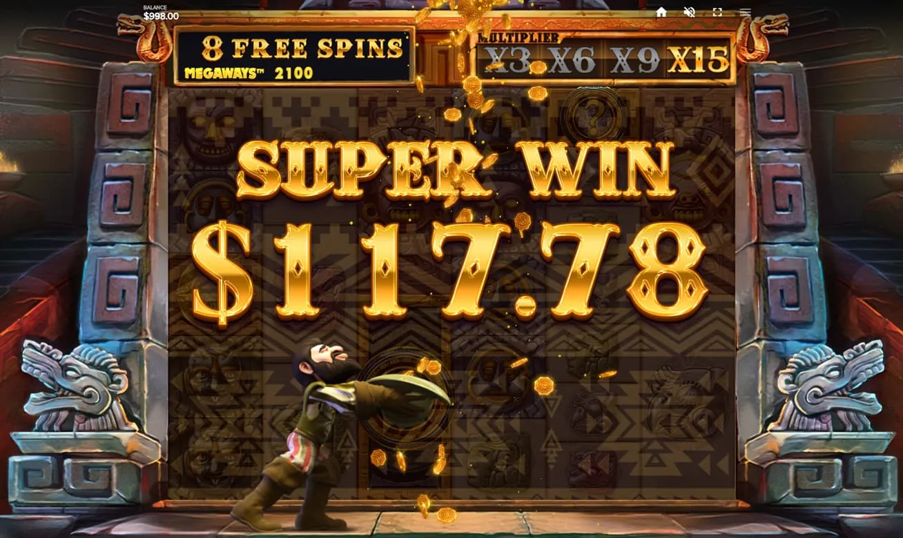 Gonzo's Quest Megaways: Red Tiger's screenshot from Free Fall at a $998.00 balance: the top panel...