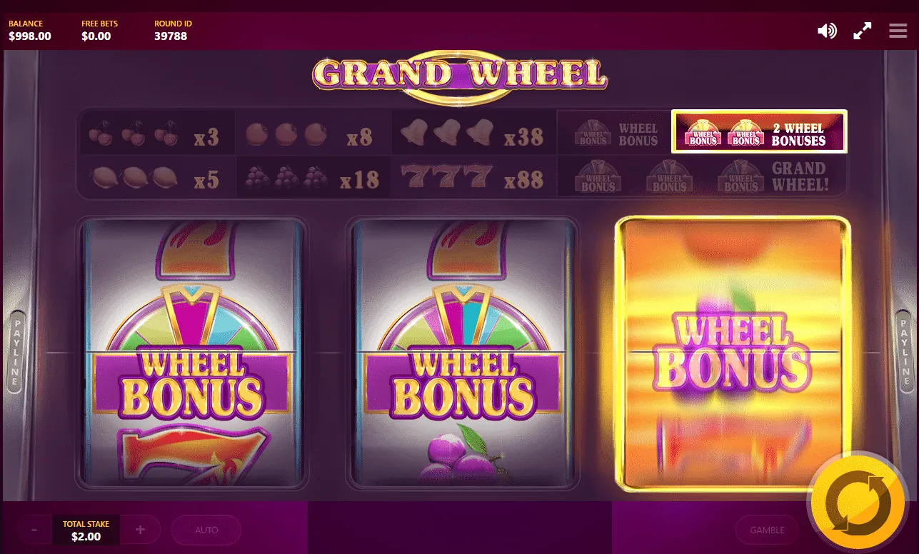 Grand Wheel: Red Tiger's own screenshot: Wheel Bonus symbols on the payline of reels one...