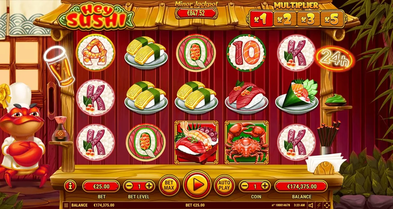 Hey Sushi: Both special symbols on the bottom row: the scatter, tuna and prawn sushi...