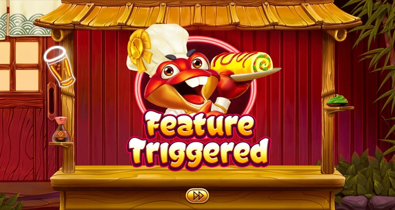 Hey Sushi: The 'Feature Triggered' banner that opens the free games: the crab chef in a...
