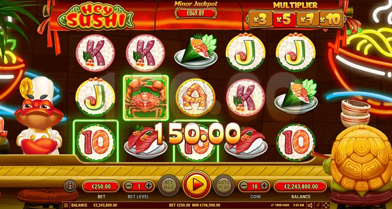 Hey Sushi: A free game on the x3, x5, x7, x10 bar, with the x5 tile lit. A 10 on reel...